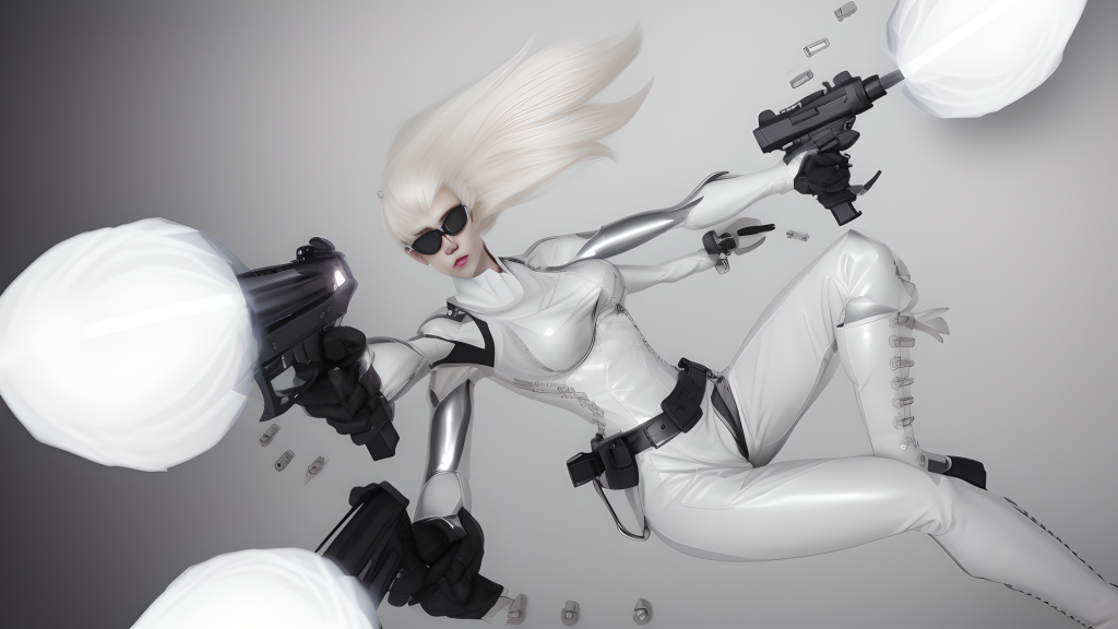 an albino woman with pale blonde hair and four arms, wearing tight black leather clothing and mirrored sunglasses, shooting four guns, muzzle flashes