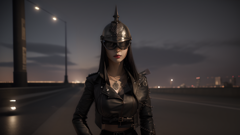 urban night shot of A female vampire with long blank hair wearing a leather biker jacket and vest, motorcycle goggles, and a spiked Prussian helmet